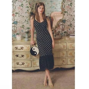 Staud Marwa Dress S Black White Polka Dot Tulle Trim Mesh Sleeveless Cap Flutter - Picture 1 of 7