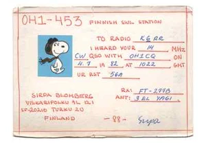Vintage ausländischer Amateurfunk QSL-Karte Finnland finnischer Sender Peanuts Snoopy Flying Ace - Bild 1 von 2