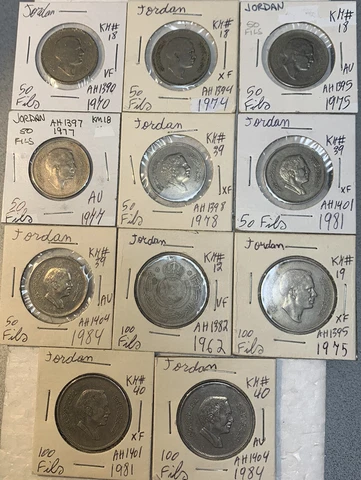 Jordan 1970 - 1984, 50 & 100 Fils Very Fine VF - AU Condition 11 Coin Lot Cover