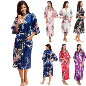 Women Peacock Sleepwear Long Silk Satin Kimono Night Robe Gown Bathrobe Dress- - Picture 1 of 14
