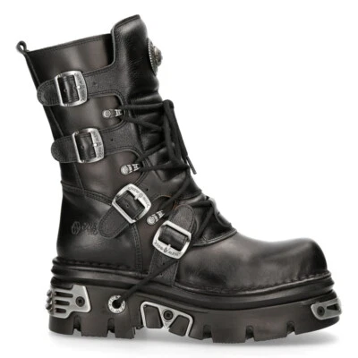 New Rock M.373-S4 Metallic Boots Black 100% Leather Goth Biker Emo Fashion - Image 1 of 4