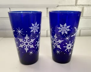 2 Occhiali Vintage Libbey Cobalto con Fiocchi di Neve - Foto 1 di 4
