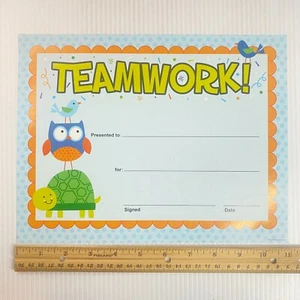 ¡Trabajo en equipo! Certificado de apreciación búho pájaro tortuga estampado brillante 8,5 pulgadas x 11 pulgadas - Imagen 1 de 2