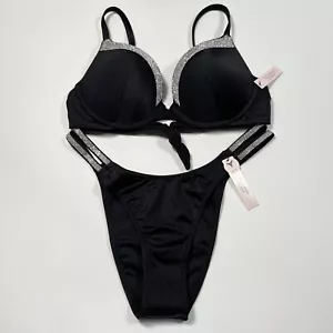 Victoria Secret 32DD M VERY SEXY Push Up Bikini Top Bottom Set Shine Strap Black - Picture 1 of 10