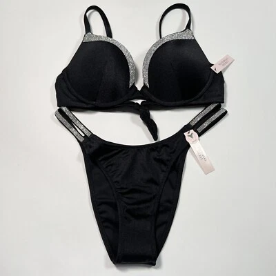 Victoria Secret 32D M VERY SEXY Push Up Bikini Top Bottom Set Shine Strap Black - Image 1 of 4