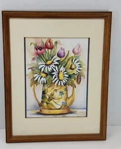 FRANKIE BUCKLEY FLORAL HUMMINGBIRD WATERING CAN WATER COLOR FRAMED PRINT - Picture 1 of 6