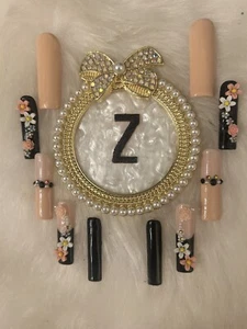 Z NAILZ! Gorgeous Set Of 2XLSquare Black/pink 3D Flowers Press On Nails - Picture 1 of 6