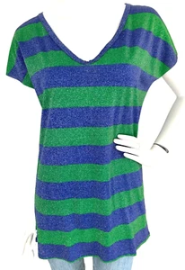 NWT Zara Trafaluc Metallic Stripe Top Tunic V-Neck Blue Green M - Picture 1 of 6