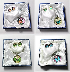 Glass Butterfly Pendant + Stud Earrings, 20" chain, Gift Box, Blue, Green, Pink - Picture 1 of 12