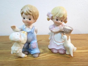 HOMCO 1449 Set of 2 Farm Kids figurines Girl with Goose & Boy with Lamb 4" - Picture 1 of 6