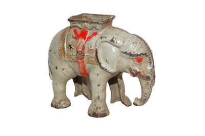 CAST IRON "ELEPHANT WITH HOWDAH (SHORT TRUNK)" STILL BANK MADE BY HUBLEY - Image 1 of 4