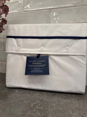 Ralph Lauren Palmer Percale ORGANIC King Flat Sheet White Polo Navy NEW $200 - Image 1 of 3