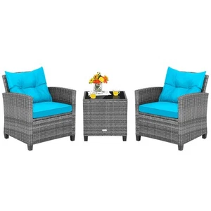 Set of 3 Rattan Furniture Bistro Set Cushioned Sofas Side Table Armrest - Picture 1 of 6