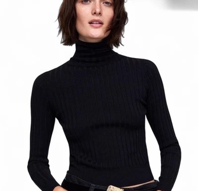 Zara Black Knit Turtleneck Sweater With Ribbed Detail. Women's Size Small - Image 1 of 4