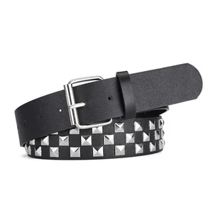 Silber Satin Nieten Schachbrett Alternative Gothic Grunge Okkult Skater Gürtel - Bild 1 von 1