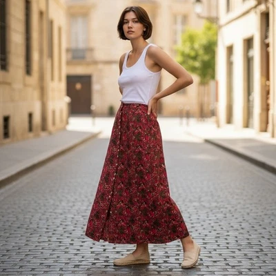 Maxi Falda Vintage Dos Dos Mujeres Seda XS Roja Paisley Botón Frontal Boho Ecléctica Foto 1 de 4