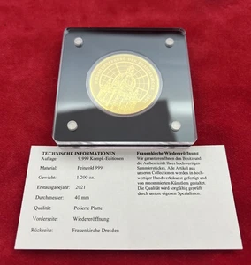 Medaille, 2021, Frauenkirche Dresden - Wiedereröffnung, 1/200 Oz Gold 999, PP - Bild 1 von 5