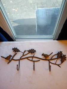 Vögel auf Ast/Blättern Gusseisen Mantel/Handtuch/Hutaufhänger/3 Haken 22"Lx8"H Land - Bild 1 von 20