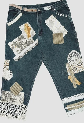 Handmade Upcycle Patchwork Jeans Women's 16 - 18  Reworked OOAK BOHO Boyfriend - Image 1 of 4