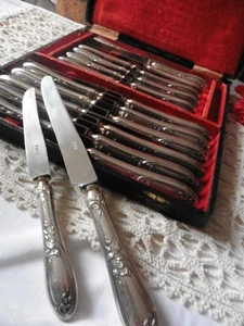 COFFRET ANCIEN 12 COUTEAUX A FROMAGE + 12 COUTEAUX DE TABLE METAL ARGENTÉ PARIS - Picture 1 of 9