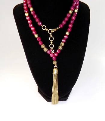Lucky Brand Tassel Necklace Ruby Red Agate Beaded Goldtone, Jewelry - Image 1 of 4