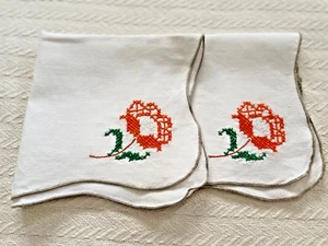 2 Servilletas de Lino Vintage Hechas a Mano Punto de Cruz Naranja y Verde Floral 15" Cuadradas - Imagen 1 de 10