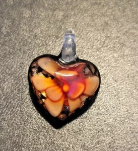 Beautiful Glass Heart Necklace Charm With Orange Flowers.  - Picture 1 of 4