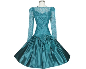 Vintage 80s 90s Teal Blue Green Long Sleeve Lace Full Skirt Prom Party Dress M - Picture 1 of 12