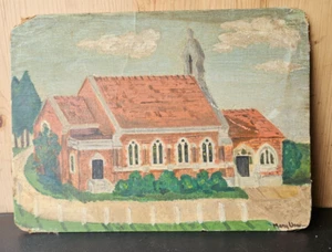 RURAL RED BRICK CHURCH FOLK ART PAINTING. 16 X 12  SIGNED AT BOTTOM MARY.U - Bild 1 von 14