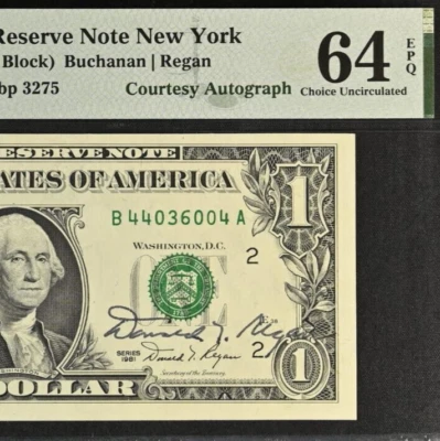 1981 $1 Federal Reserve Note PMG 64EPQ - Courtesy Autograph Donald Regan - Image 1 of 3