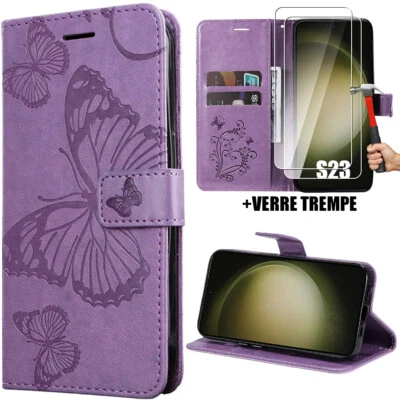 Coque + 2 Verres Trempés pour Samsung Galaxy S23 FE S22 S21 FE S20 FE Papillon
