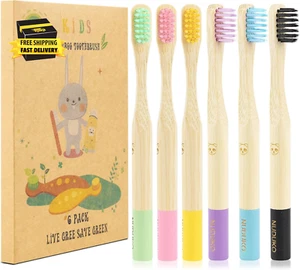 Bamboo Kids Toothbrushes (6 Pack) - Soft Bristle Organic Compostable BPA Free To - Picture 1 of 7