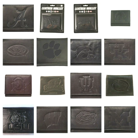NCAA TEAM BLACK LEATHER WALLET TRI-FOLD WALLET EMBOSSED LOGO YOU CHOOSE THE TEAM Cover