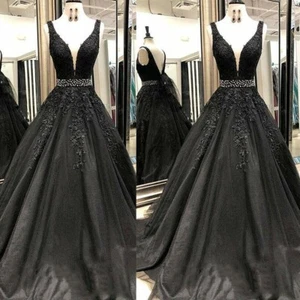 Black Gothic Wedding Dresses V Neck Backless Beaded Lace Appliques Bridal Gown - Picture 1 of 5