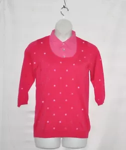 Quacker Factory Polka Dot Duet Sweater with Woven Collar Size S Hot Pink - Picture 1 of 2