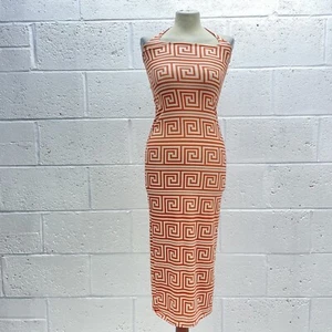 TAN RUST SLINKY MAXI DRESS SPIRAL AZTEC PRINT SLEEVELESS BODYCON TIE NECK UK 8 - Picture 1 of 5