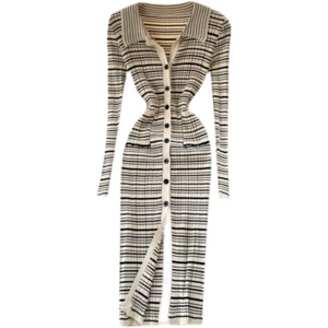 Damen Strick Gestreift Midi Kleid Langarm V-Ausschnitt Knopf Bodycon Elegant Freizeit - Bild 1 von 10
