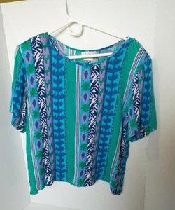 Vintage Natalie 80s Blouse Shoulder Pads Short Sleeves Green Multicolor Size L - Picture 1 of 4