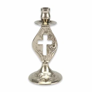 Silver Cross Design Brass Candle Holder - Orthodox Candlestick, Christian Church - Picture 1 of 5