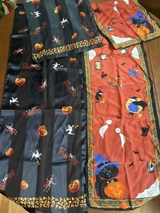 Women's Long Silk Halloween Scarf Black Cat Lot Of 2 Witch Skeleton Pumpkins - Picture 1 of 14