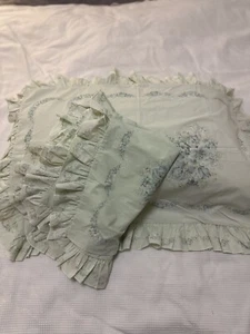Sheridan Ruffled Pillow Case Set X 2 Green Blue Floral Sham Slip Vintage Cottage - Picture 1 of 4