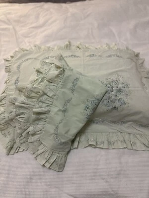 Sheridan Ruffled Pillow Case Set X 2 Green Blue Floral Sham Slip Vintage Cottage - Image 1 of 4