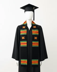 Black Multicolor Kente Stole with Stool Symbols for Graduation Ceremonies - Picture 1 of 3