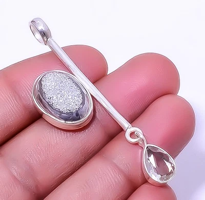 Titanium Silver Agate Drusy & White Topaz 925 Sterling Silver Pendant 2.34" A392 - Image 1 of 4