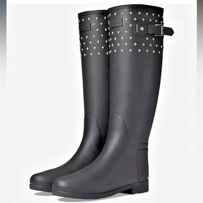 全新 Hunter 精制黑色铆钉袖口高雨靴 防水 惠灵顿 威利 — 第 1/4 张图片