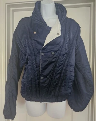 Vintage 80s Designer Jacket Blue Satin Button Up Retro Hard To Find! Size Small - Image 1 of 4