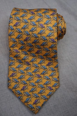 Lands End Silk Necktie Yellow Blue Turtles Shell Neck Tie Made in USA - Image 1 of 4
