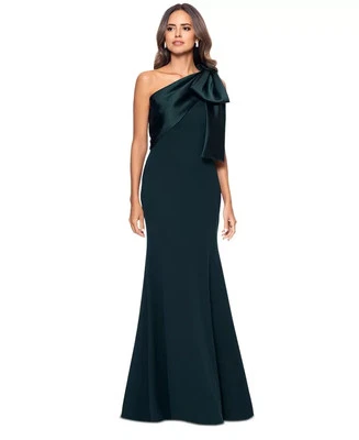 Betsy & Adam Pine Green Bow One-Shoulder Crepe Mermaid Gown Dress Size 10 $269 - Image 1 of 3
