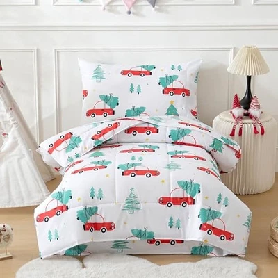  Juego de ropa de cama para niños pequeños árbol de Navidad, 4 piezas cama en bolsa tamaño pequeño coches rojos Foto 1 de 4