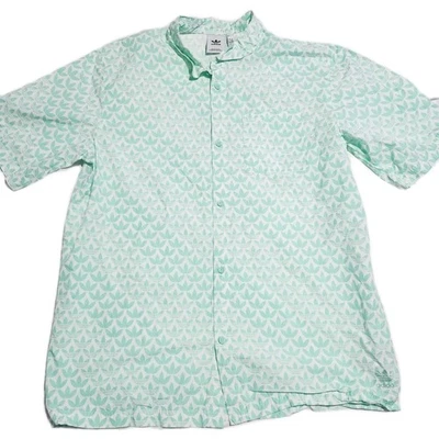 Adidas Button Up Shirt Mens XL Green Trefoil Allover Print Logo Short Sleeve - Image 1 of 4